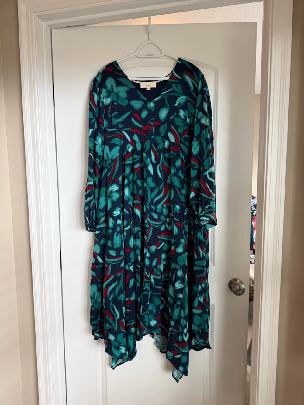 Nurture by Lamaze Teal Floral Asymmetrical V-Neck Tiered Dress with Red Accents